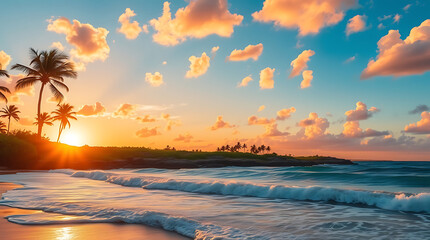 Tropical Beach Sunset with Palm Trees and Golden Sky