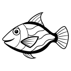 Simple Outline Triggerfish Fish Vector Drawing Isolated on White