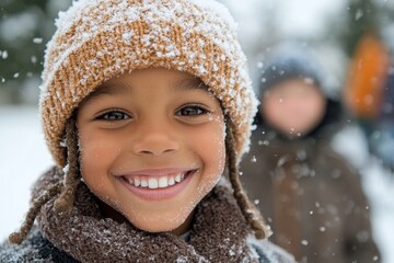 Young boy smiling, playing in snow.
