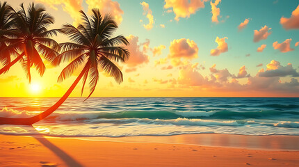 Tropical Beach Sunset with Palm Trees and Golden Sky