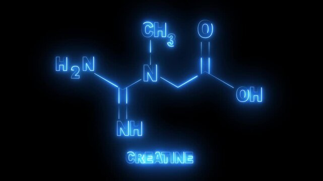 Abstract glowing neon skeletal Formula of creatine showing Nitrogen ,Hydrogen , Carbon and Oxygen Atoms .4k motion graphics video black background .