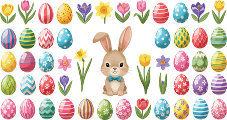 Easter icons set, cute bunny, colorful decorated eggs, spring flowers, holiday celebration elements, festive seasonal design vector illustration