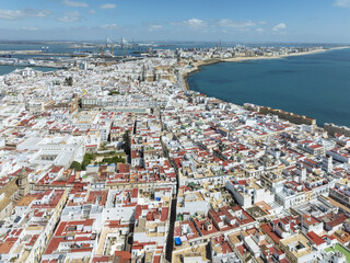 Aerial view of the sun-drenched cityscape where whitewashed buildings meet the deep blue sea, with the iconic Puente de la ConstituciÃ³n de 1812 stretching across the bay, CÃ¡diz, Andalusia, Spain.