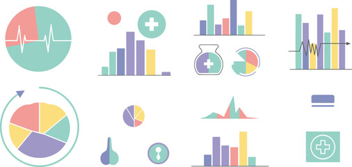 Healthcare analytics infographic, medical charts, wellness tracking, patient monitoring, diagnostics data, hospital management, pharmacy and research icons, clinical statistics, vector illustration