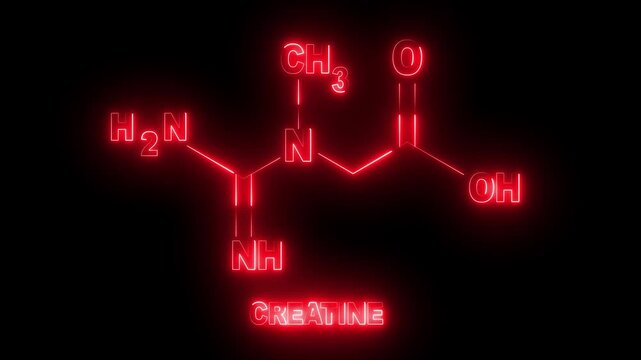 Abstract glowing neon skeletal Formula of creatine showing Nitrogen ,Hydrogen , Carbon and Oxygen Atoms .4k motion graphics video black background .