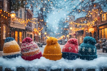 knit hats arranged on snowy fence.