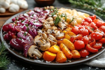 Roasted vegetables with herbs on a plate.