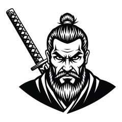 Fierce samurai warrior with sword icon silhouette majestic bushido warrior portrait graphic design element silhouette
