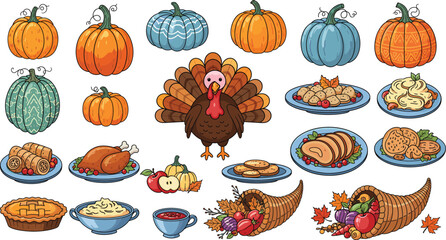 Thanksgiving icons set, turkey, pumpkins, cornucopia, autumn harvest food, holiday dinner meal, seasonal festive elements collection, vector illustration