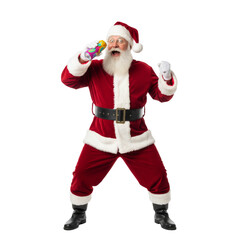 PNG cut out isolated background. A full-length studio shot of a man in a Santa Claus costume energetically singing or shouting into a colorful spray paint can as if it were a microphone.