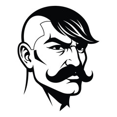Stylized black and white male portrait with moustache and unique haircut bold graphic art for design projects silhouette