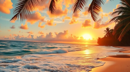 Tropical Beach Sunset with Palm Trees and Golden Sky