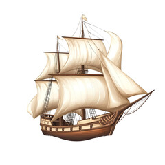 Ornate wooden sailing ship model with full sails on black background.