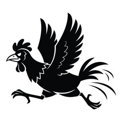Dynamic black silhouette of a rooster in flight capturing barnyard energy and motion silhouette