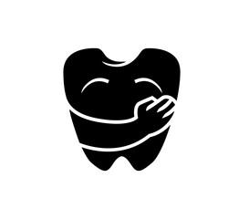 Joyful tooth embracing itself, symbolizing self-care and dental health positivity with a warm, friendly embrace