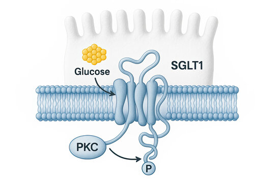 Scientific illustration of SGLT1 glucose transporter in cell membrane, showing glucose uptake and PKC activation