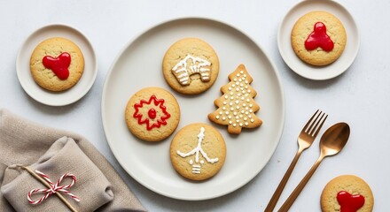 Festive decorated cookies on plates and a serving dish