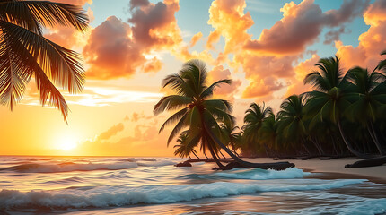 Tropical Beach Sunset with Palm Trees and Golden Sky