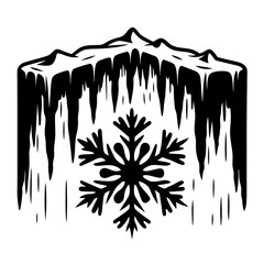 A stylized black and white drawing of an icy mountain with snowflake