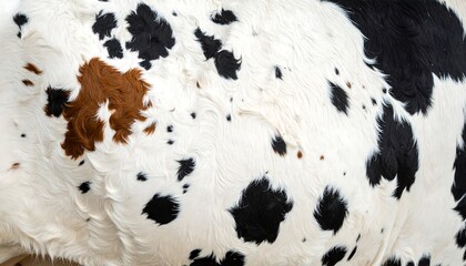 Close-up view of a cow's hide.  Patches of black and brown spots on white fur