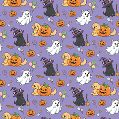 Happy halloween party seamless pattern background with adorable puppy dog wearing halloween costume, spooky pumpkin and glowing bat. Holidays cartoon character. -Vector