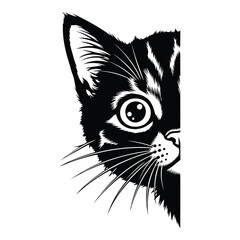 Peekaboo black cat face close-up with wide eyes and whiskers artistic style black and white artwork silhouette