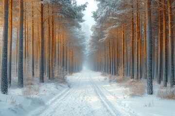 Snowy forest path with snow-covered trees.