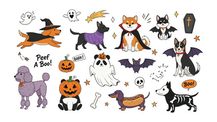 Spooky Canine Crew: A whimsical array of playful dogs, costumed for Halloween, ready for tricks and treats, exuding charm and festive fun.