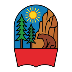 Outdoor Adventure Nature Logo Vector – Bear, Pine Trees, Rocky Cliff and Sunny Landscape Emblem Design for Camping and Hiking Brand