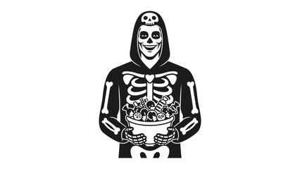 Halloween skeleton holding treats: A whimsical cartoon of a costumed individual, garbed in a black skeleton outfit holding a bowl filled with halloween treats.