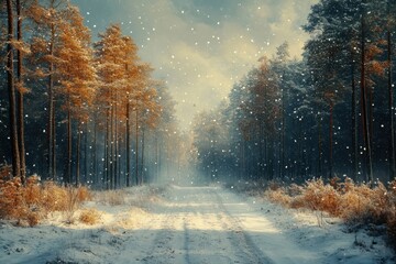 Winter landscape with snow-covered trees and a frozen lake reflecting the clear blue sky, creating a serene and tranquil scene.