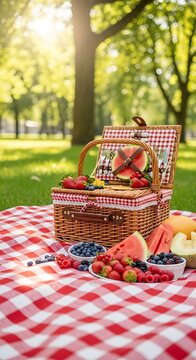 A charming picnic basket filled with fresh fruits and vibrant summer hues, sits on a checkered tablecloth in a park.
