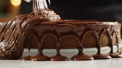 Close-up shot of a chocolate cake being drizzled with rich, glossy chocolate ganache. - Powered by Adobe