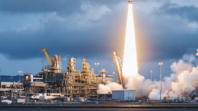 A powerful cruise missile in dynamic side perspective, highlighting military deterrence with visible facility depth, overhead cranes, and pipelines.