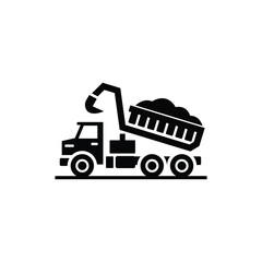 Black Dump Truck with Arm Lifting Dirt on Transparent Background Icon Style Design