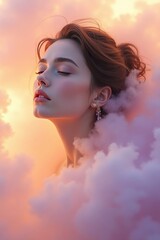 Young girl in the clouds. Girl portrait, colorful illustration, highly detailed beautiful face, concept art