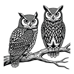 Detailed black and white drawing of two majestic owls perched on a tree branch detailed wildlife art silhouette