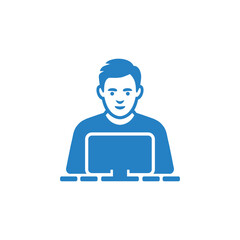 Blue Icon of Young Man Using Computer with Transparent Background Design