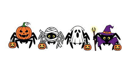 Whimsical Halloween Spider Characters: A vibrant illustration presents four endearing spider characters, each embodying a unique Halloween persona, poised to spread the spooky season cheer.