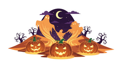 Halloween Nighttime: A festive illustration capturing the spirit of Halloween, featuring glowing pumpkins, spectral ghosts, and an eerie moonlit night. 