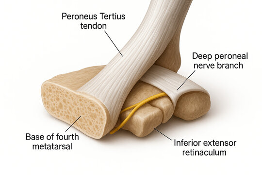 Anatomical illustration of the Peroneus Tertius tendon, Deep peroneal nerve branch, Base of fourth metatarsal, and Inferior extensor retinaculum in the human foot.