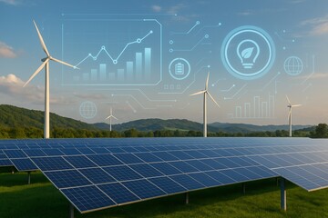 Solarpaneele und Windkraftanlagen in gr&uuml;ner Landschaft mit digitalem Energie-Overlay