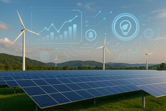 Solarpaneele und Windkraftanlagen in gr&uuml;ner Landschaft mit digitalem Energie-Overlay