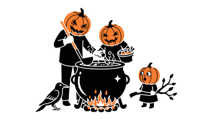 Pumpkin-headed Halloween Gathering: A whimsical illustration depicts a family of pumpkin-headed figures gathered around a bubbling cauldron, creating a festive and spooky atmosphere. 