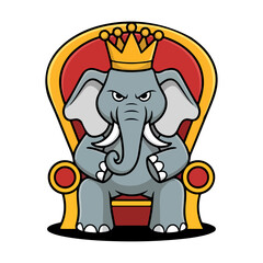 Elephant Cartoon Mascot Vector – Funny Royal Animal Character with Crown Sitting on Throne for Kids, Stickers, and Branding