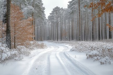 Obraz premium A lone deer cautiously crossing a snowy road in the woods.
