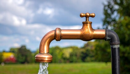 A close-up shows a brass water tap with water flowing out against a blurred background of green fields and trees under a cloudy sky