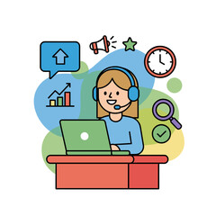 Illustration of a technical support character, suitable for web banners, mobile apps, and hero images, presented as a flat vector on a white background