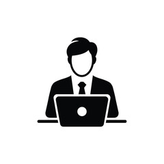 Man In Suit Typing on Laptop Icon, Office Desk, Businessman, Silhouette, Isolated