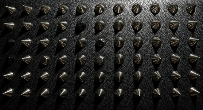 Close up of a textured black surface covered in many metallic spiked studs